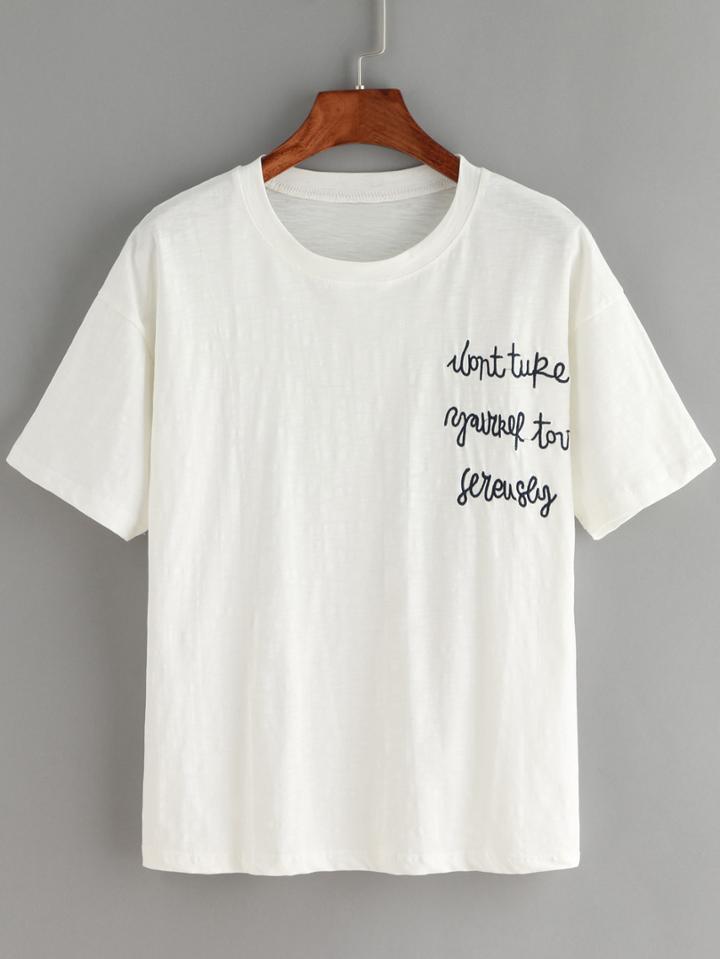 Romwe Letters Embroidered White T-shirt
