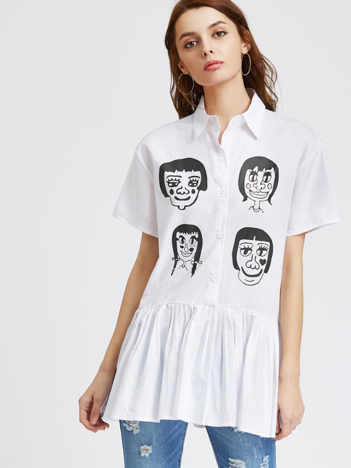Romwe White Cartoon Print Ruffle Hem Blouse