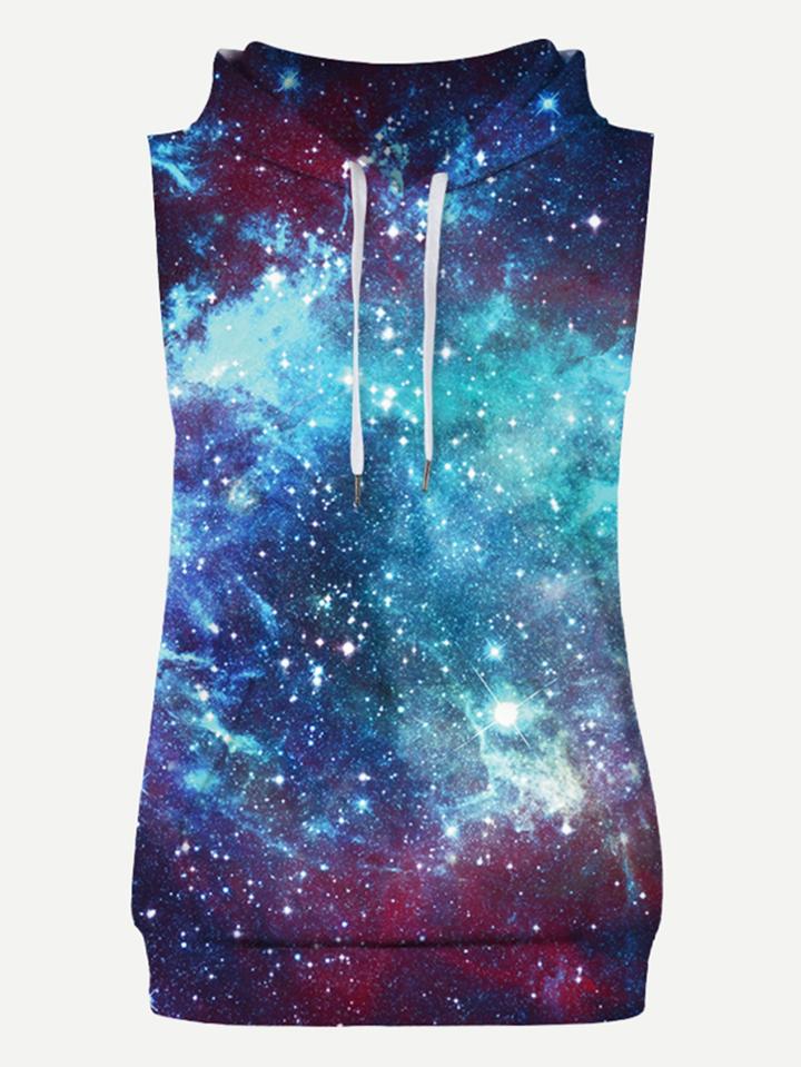 Romwe Men Galaxy Print Sleeveless Hooded Sweatshirt