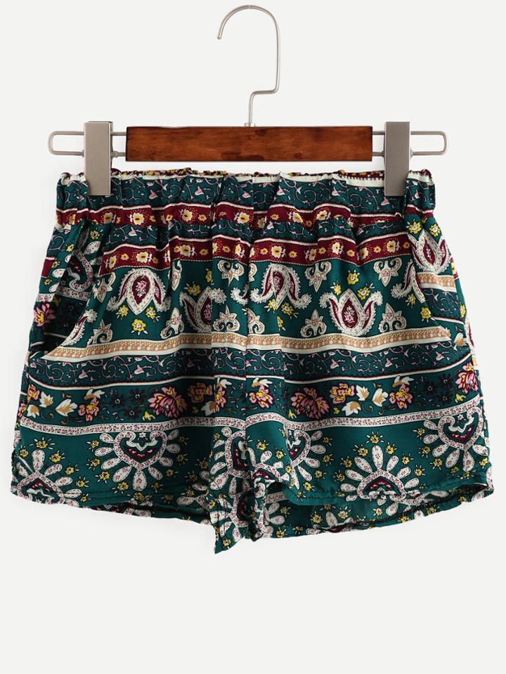 Romwe Green Ornate Print Elastic Waist Shorts