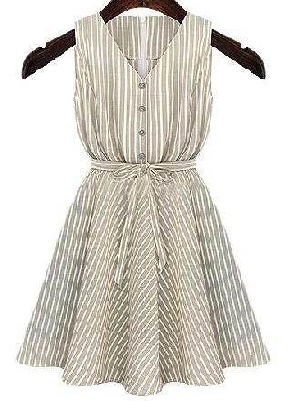 Romwe V Neck Striped With Belt Flare Apricot Dress
