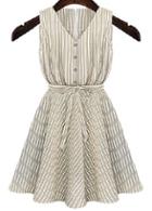 Romwe V Neck Striped With Belt Flare Apricot Dress