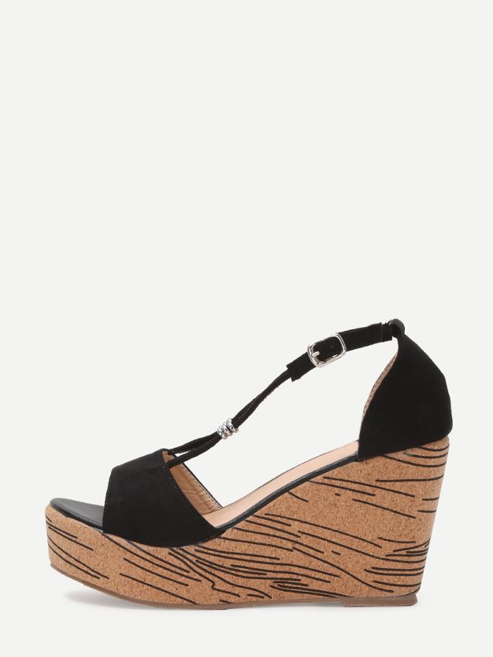 Romwe Black Faux Suede Open Toe Wedge Sandals