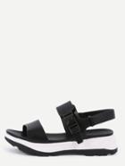 Romwe Faux Leather Wide Strap Flatform Sandals - Black