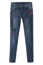 Romwe Skull Appliqued Blue Pencil Jeans