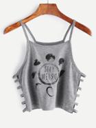 Romwe Grey Printed Ladder Cut Out Side Crop Cami Top