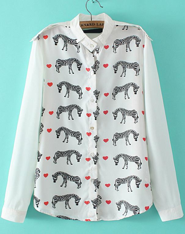 Romwe Hearts Zebra Print Epaulet White Blouse