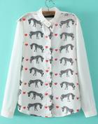 Romwe Hearts Zebra Print Epaulet White Blouse