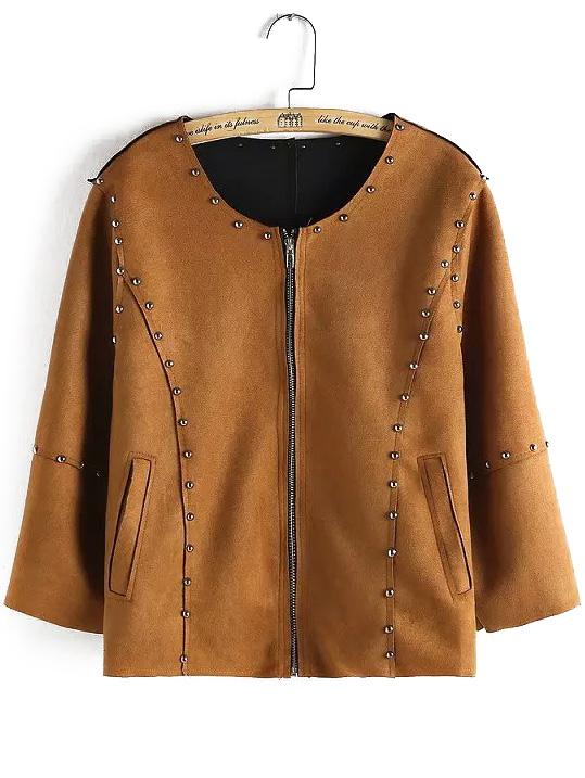 Romwe Round Neck Rivets Zipper Suede Khaki Coat