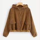 Romwe Solid Pocket Front Hooded Jacket