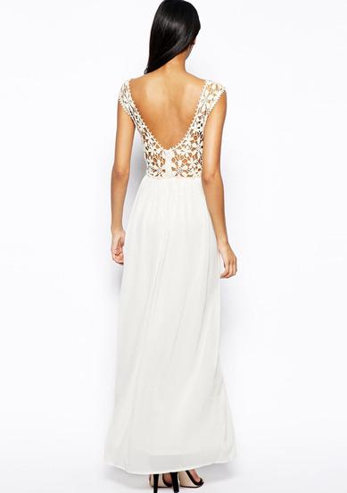 Romwe White Sleeveless Floral Crochet Lace Maxi Dress