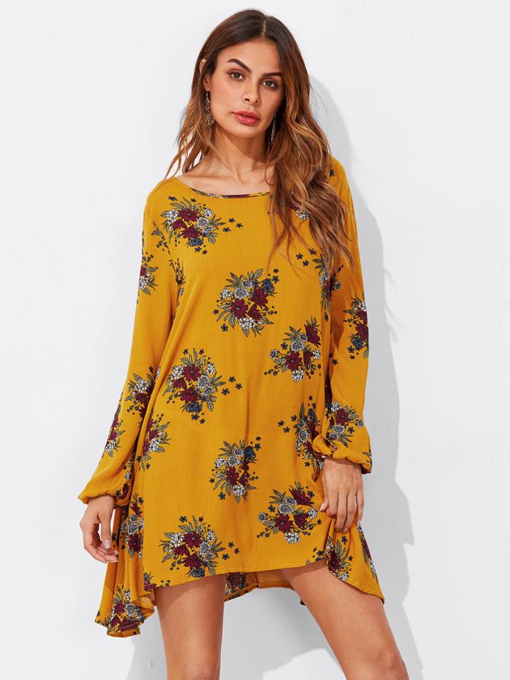 Romwe Floral Print Hanky Hem Shift Dress