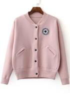 Romwe Pink Varsity Embroidered Patch Knitted Bomber Jacket With Buttons