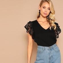 Romwe Appliques Flutter Sleeve V-neck Tee