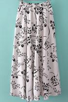 Romwe Elastic Waist Flower Print Pleated White Skirt
