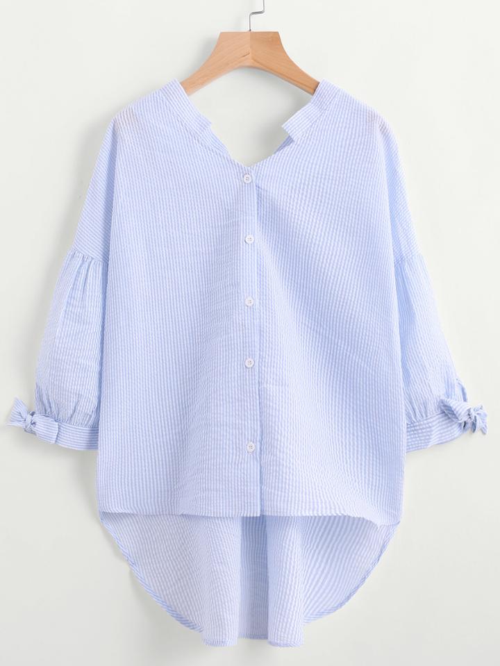 Romwe Pinstriped Dip Hem Bow Back Blouse