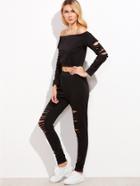 Romwe Black Off The Shoulder Cut-out Top With Pants