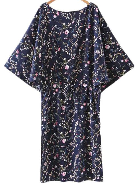 Romwe Multicolor Batwing Sleeve Tie-waist Side Split Print Midi Dress