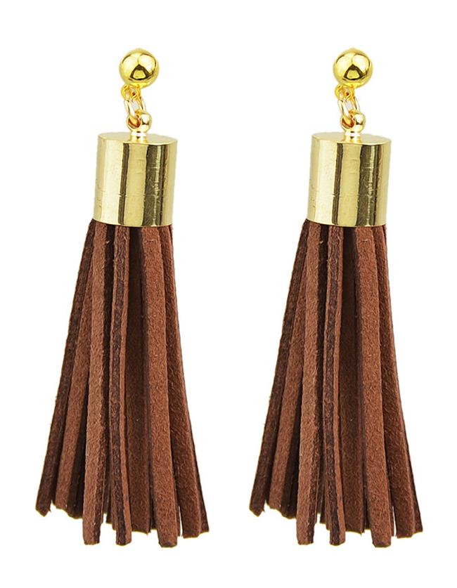 Romwe Coffee Pu Leather Tassel Earrings