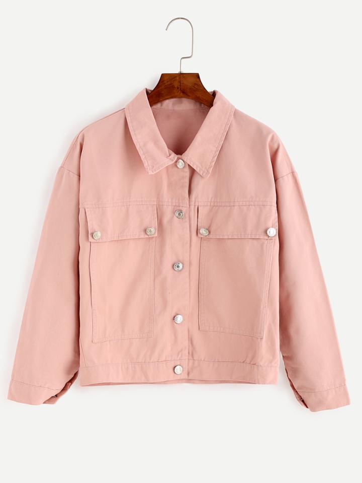 Romwe Pink Drop Shoulder Flap Pocket Front Jacket