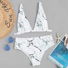 Romwe Marble Print Plunge Bikini Set