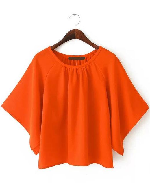 Romwe Orange Batwing Loose Crop Blouse