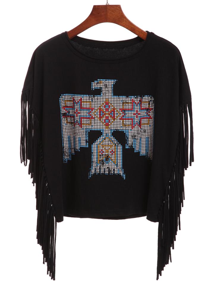 Romwe Eagle Print Fringe Trimmed Black T-shirt
