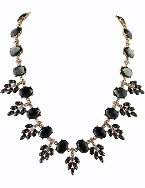 Romwe Black Gemstone Gold Leaves Necklace