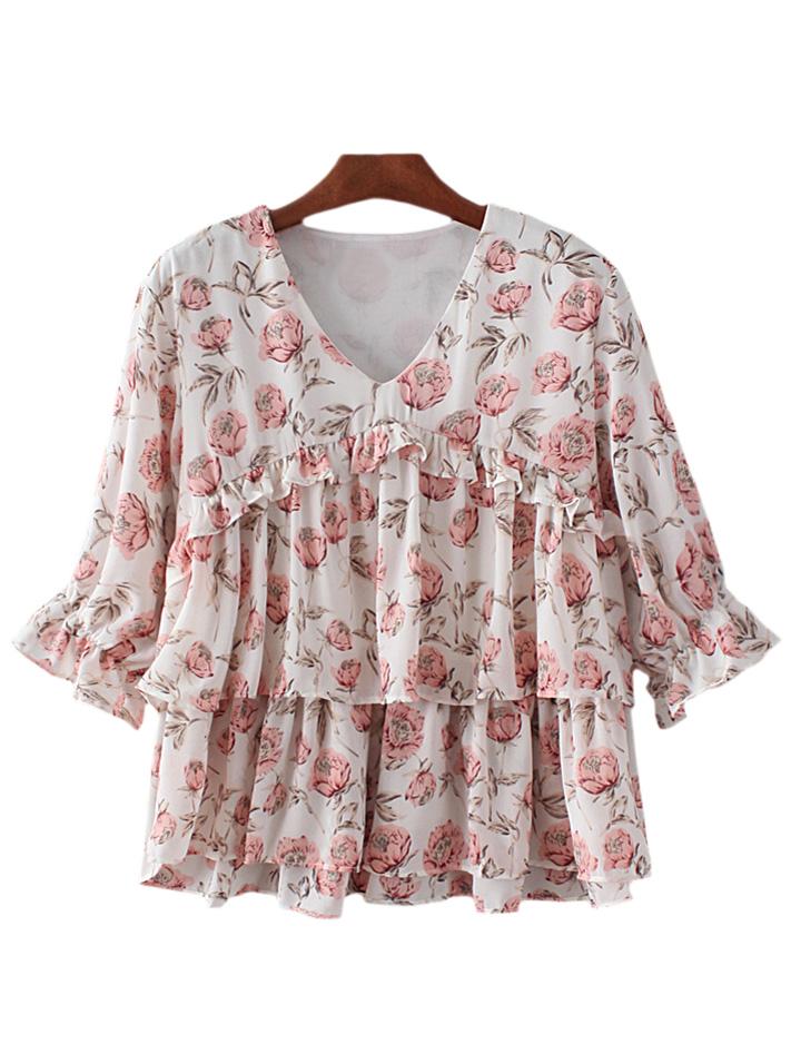 Romwe Beige Half Sleeve Ruffle Flowers Print Blouse