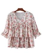 Romwe Beige Half Sleeve Ruffle Flowers Print Blouse