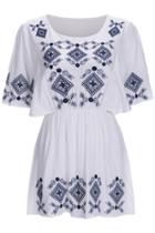 Romwe Romwe Geometric Embroidery Short-sleeved White Dress