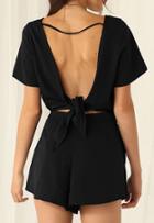Romwe Drawstring Open Back Knotted Black Jumpsuit
