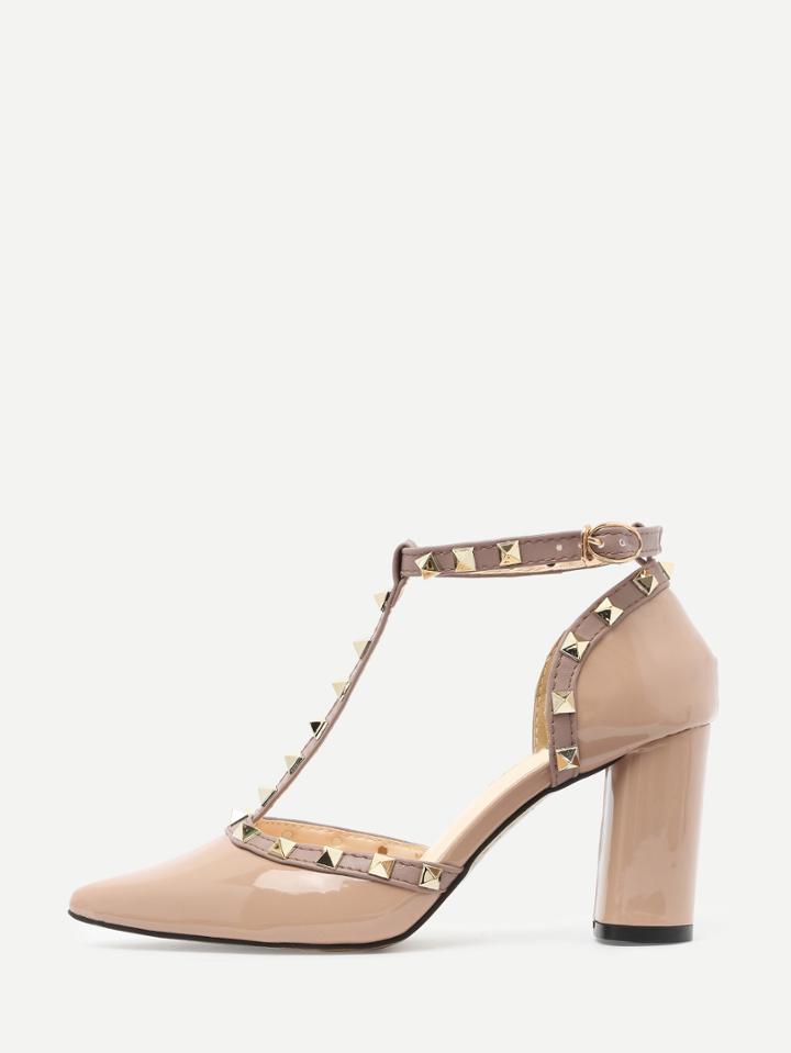 Romwe Pink Pointed Out T-strap Studded Chunky Pumps