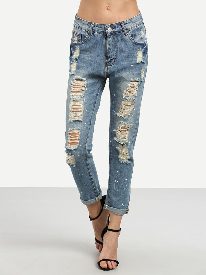 Romwe Blue Ripped Slim Jeans