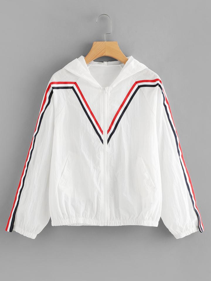 Romwe Striped Tape Zip Up Jacket