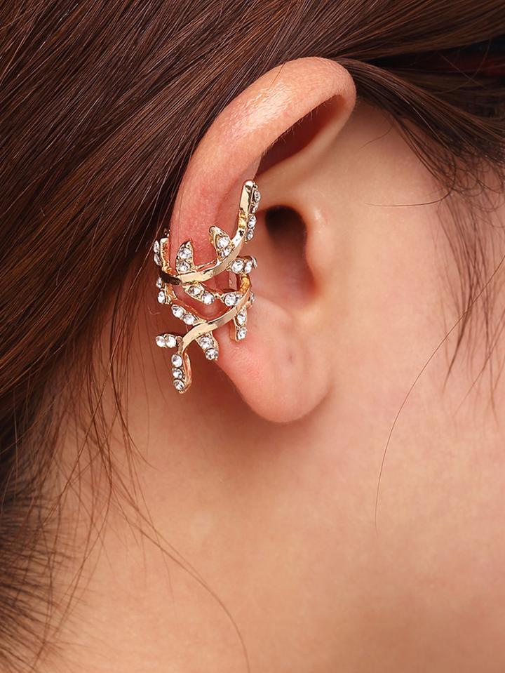 Romwe Gold Rhinestone Leaf Shape Ear Cuff