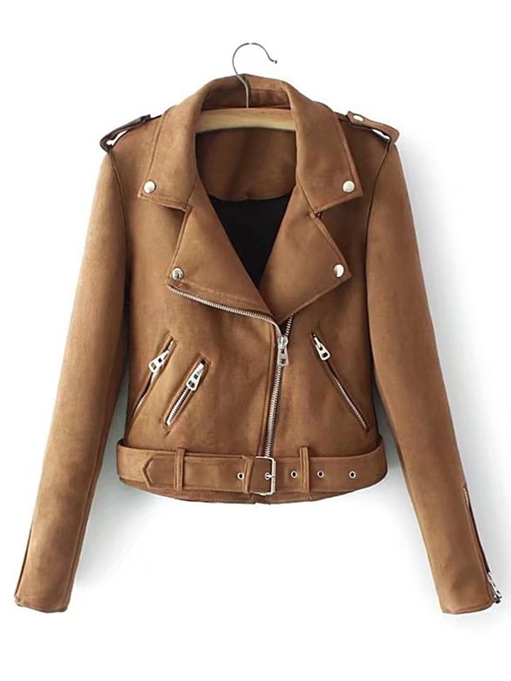Romwe Epaulet Detail Buckle Belt Hem Suede Jacket