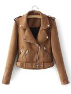 Romwe Epaulet Detail Buckle Belt Hem Suede Jacket