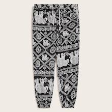 Romwe Guys Tribal Print Drawstring Pants