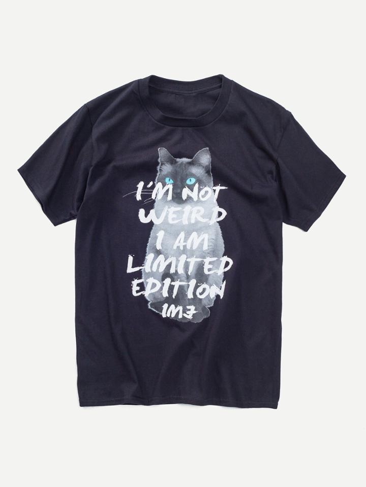 Romwe Letter And Cat Print Tee