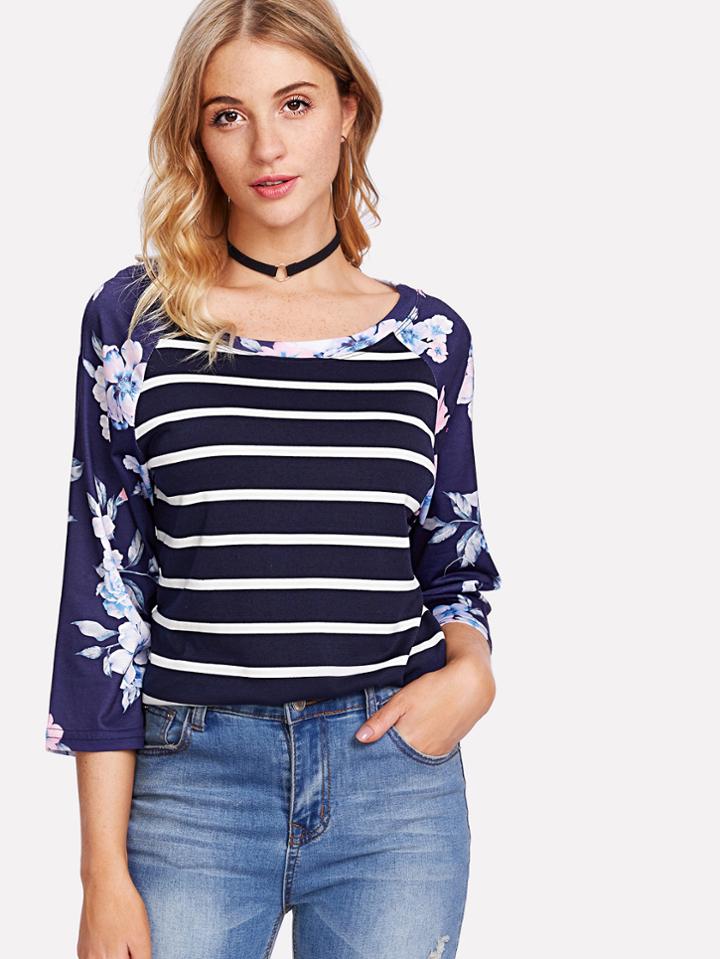 Romwe Floral Raglan Sleeve Curved Striped Tee