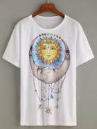Romwe White Sun Moon Tribal Print Long T-shirt