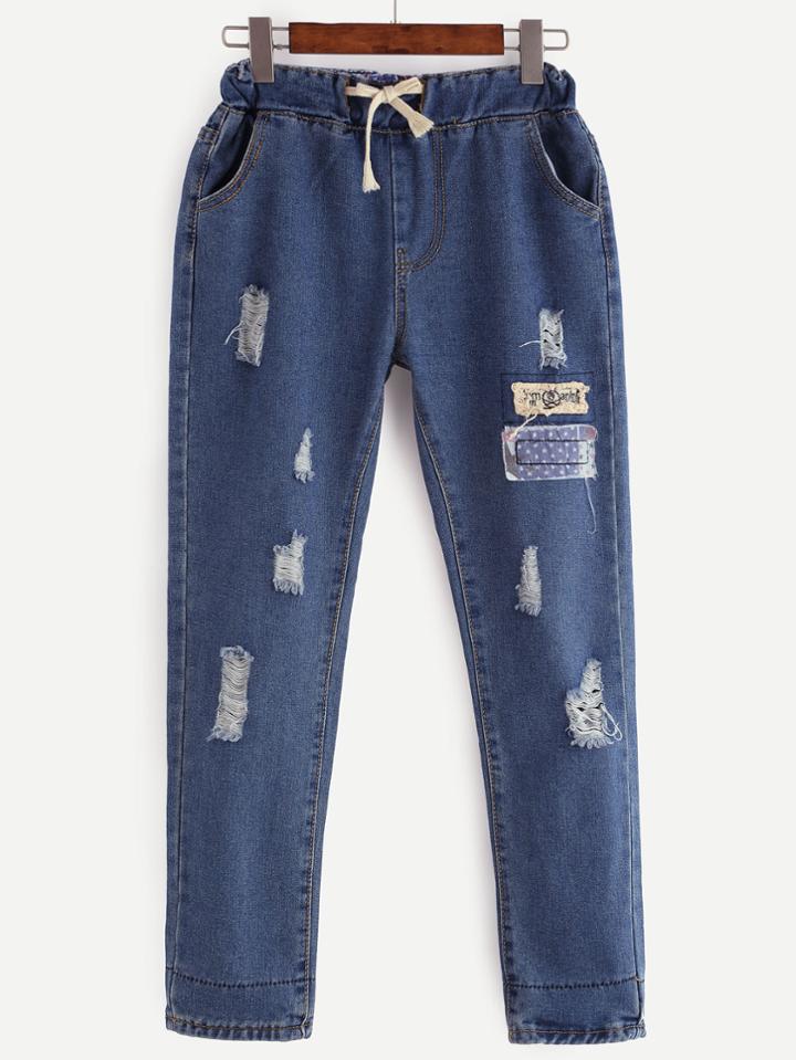 Romwe Blue Ripped Rolled Hem American Flag Patches Drawstring Jeans