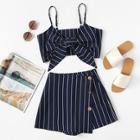 Romwe Striped Knot Front Cami Top With Overlap Shorts