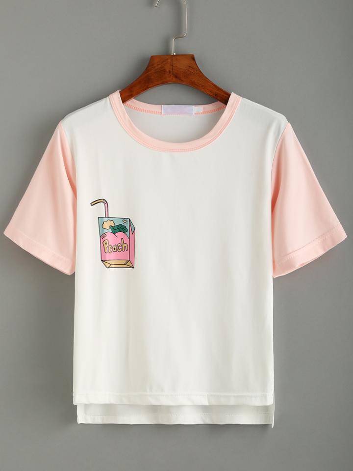 Romwe White Print Contrast Trim Dip Hem T-shirt