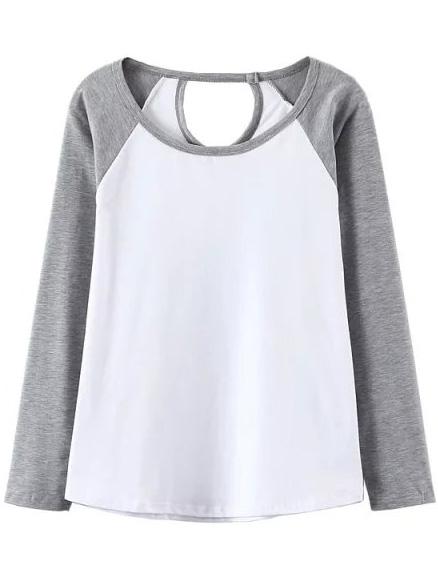 Romwe Contrast Sleeve Hollow Grey T-shirt