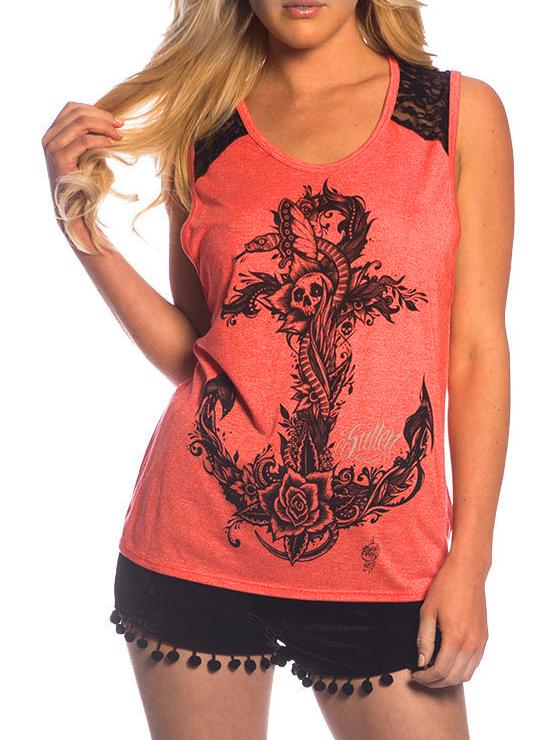 Romwe Pink Contrast Lace Anchors Skull Print Tank Top