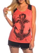 Romwe Pink Contrast Lace Anchors Skull Print Tank Top