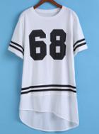 Romwe Dip Hem Number Print White T-shirt