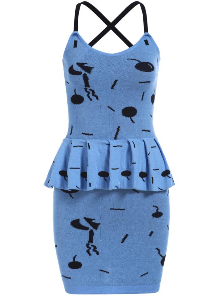 Romwe Criss Cross Back Cherry Print Peplum Waist Dress